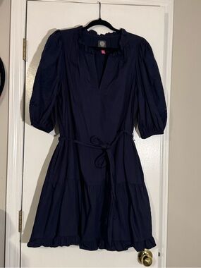 Vince Camuto Navy Puff-Sleeve Tie-Waist Mini Dress 100% cotton summer party